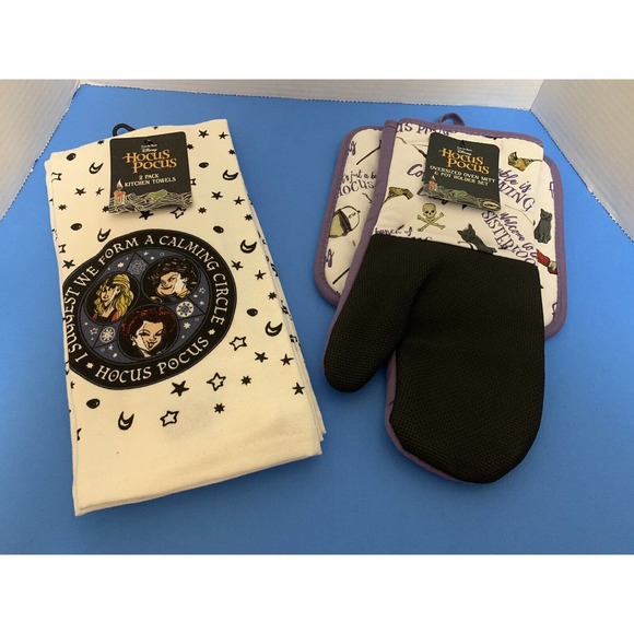 Disney Other - Lot of Hocus Pocus Sanderson Sisters 2 Kitchen Towels Oven Mitt & Pot Holder New